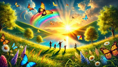 Family Flying Kites In A Vibrant Butterfly Meadow