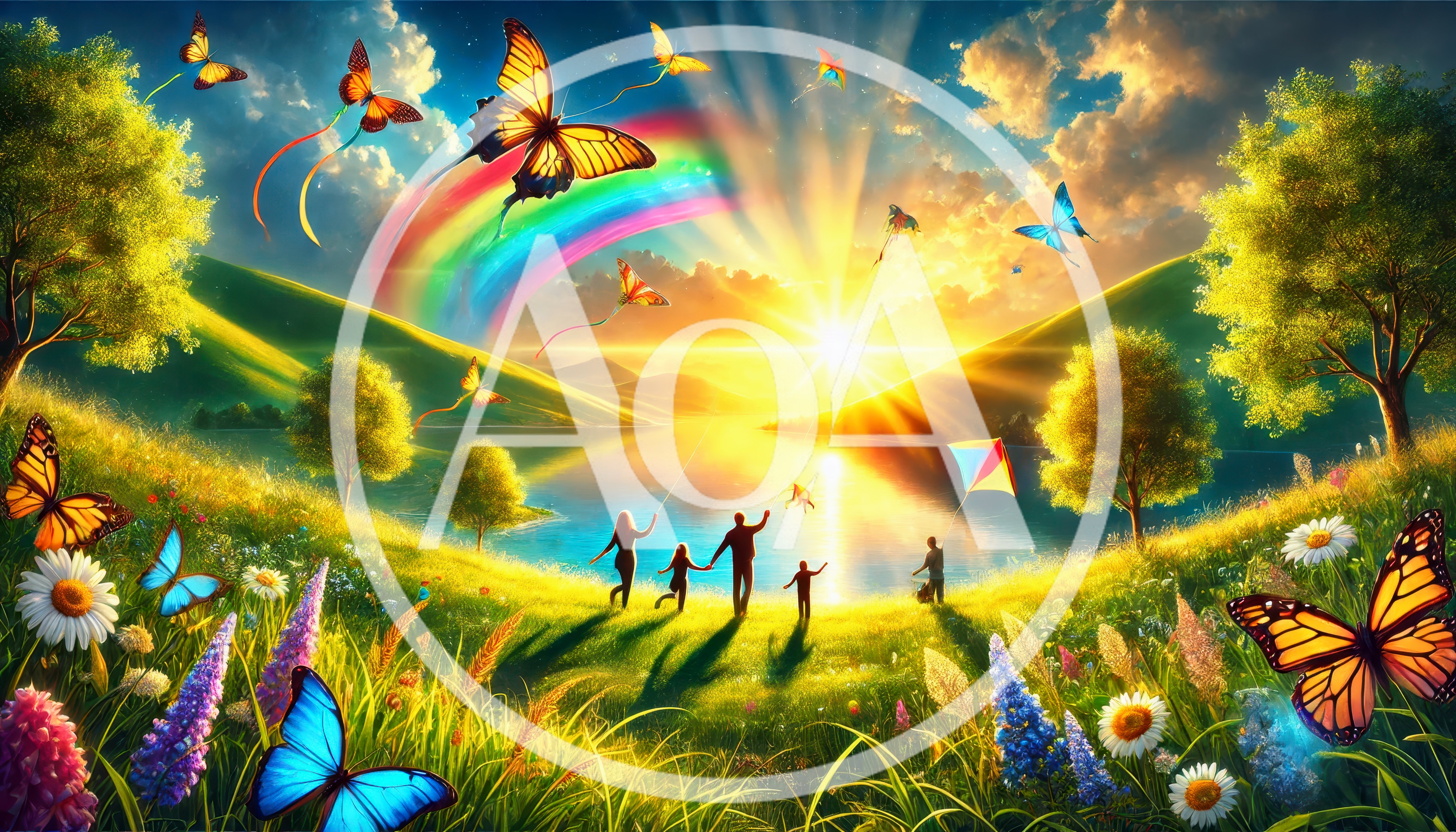 Family Flying Kites In A Vibrant Butterfly Meadow