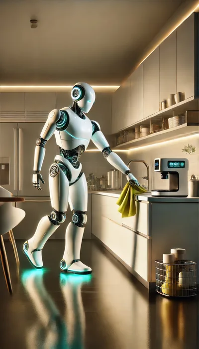 Futuristic Humanoid Robot Cleaning Modern Kitchen Countertop