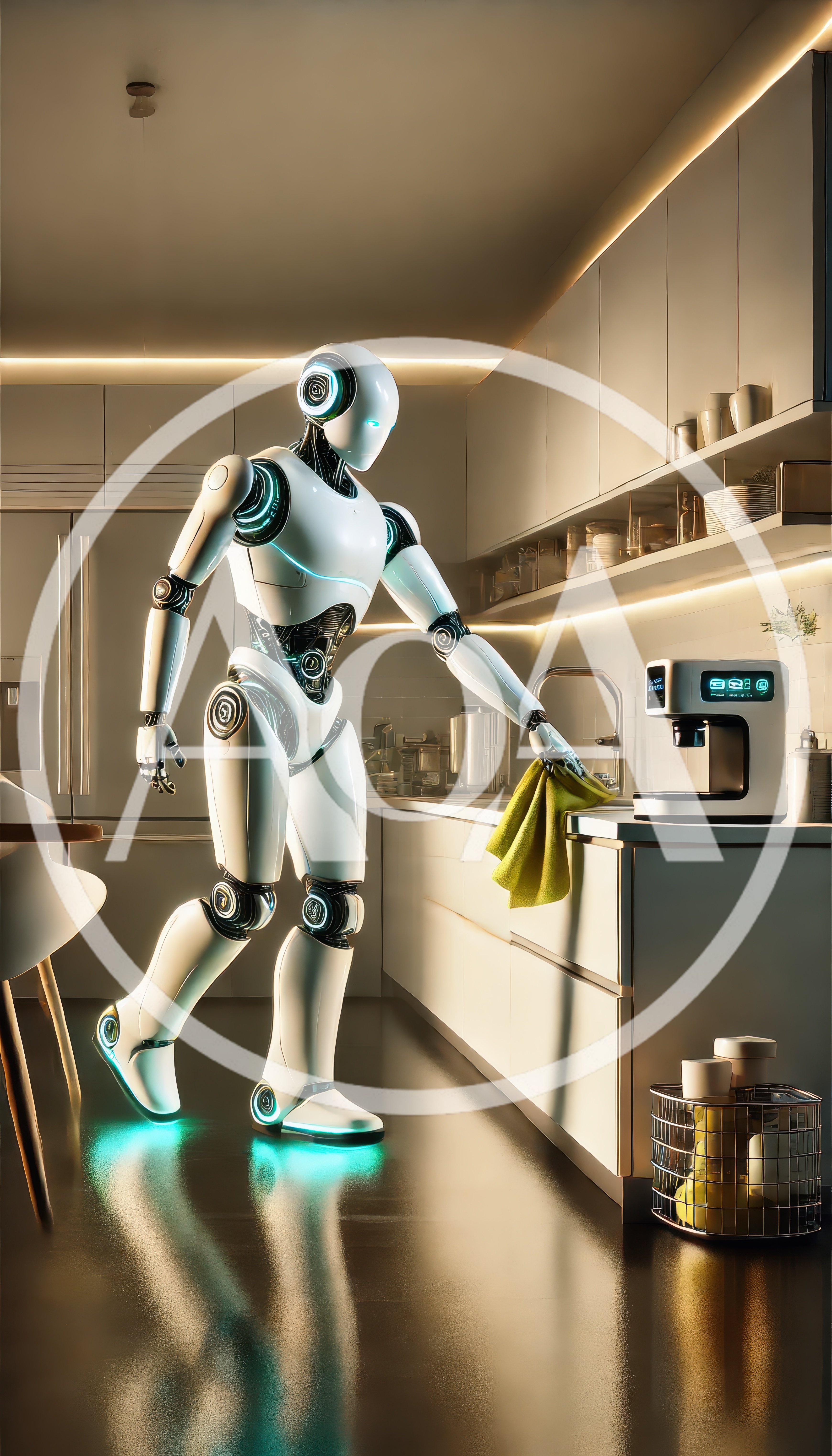 Futuristic Humanoid Robot Cleaning Modern Kitchen Countertop