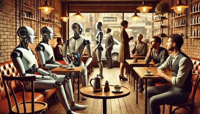 Humanoid Robots And Humans Sharing A Coffee Shop