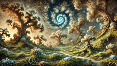 Surreal Fractal Forest Landscape With Cosmic Spiral Sky