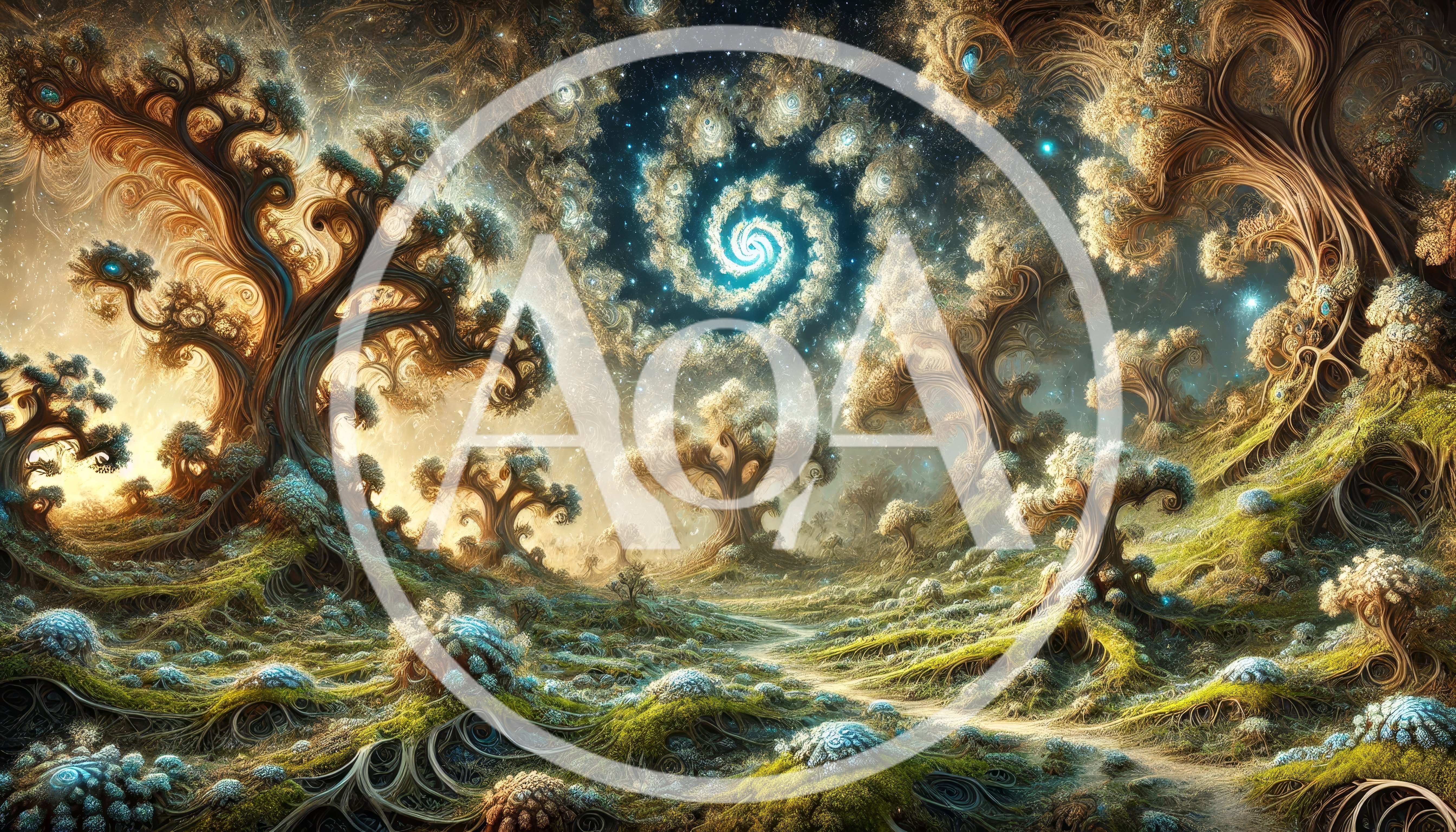 Surreal Fractal Forest Landscape With Cosmic Spiral Sky
