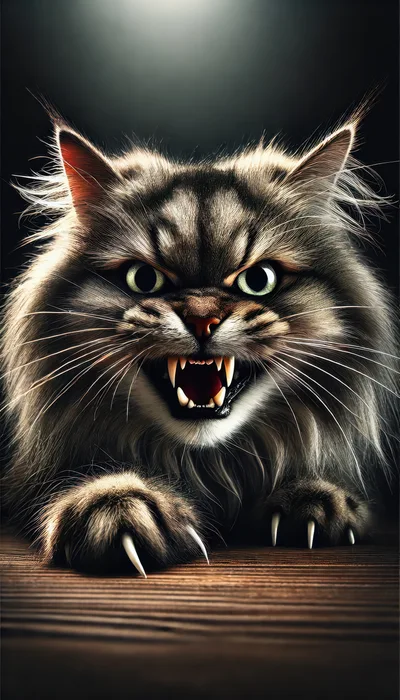 Aggressive Fluffy Cat With Exposed Fangs And Claws