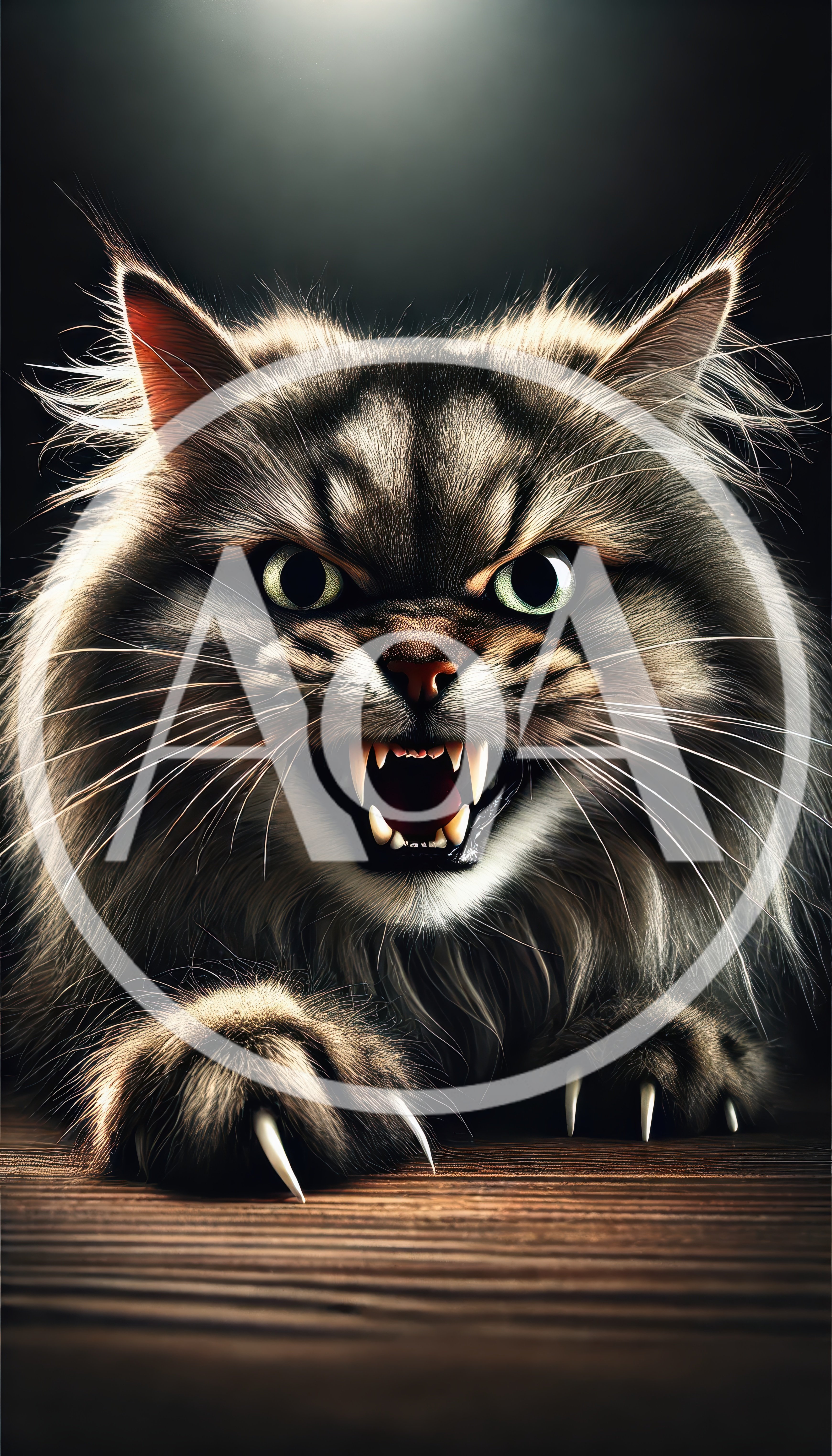 Aggressive Fluffy Cat With Exposed Fangs And Claws