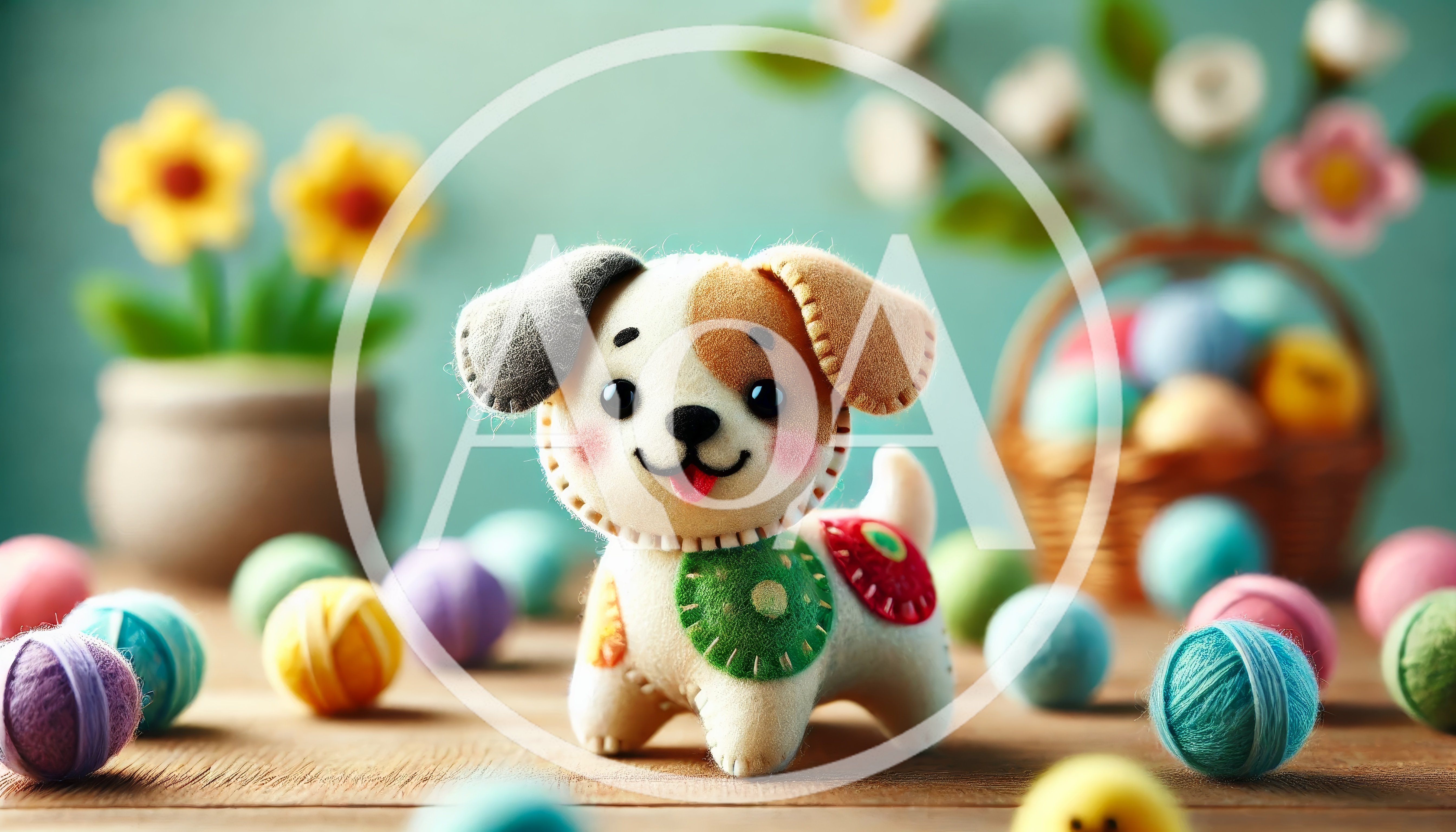 Felt Dog Toy Surrounded By Colorful Yarn Balls