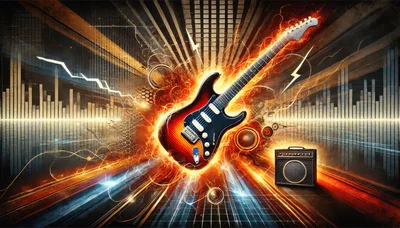 Electric Guitar Surrounded By Fiery Energy And Sound Waves