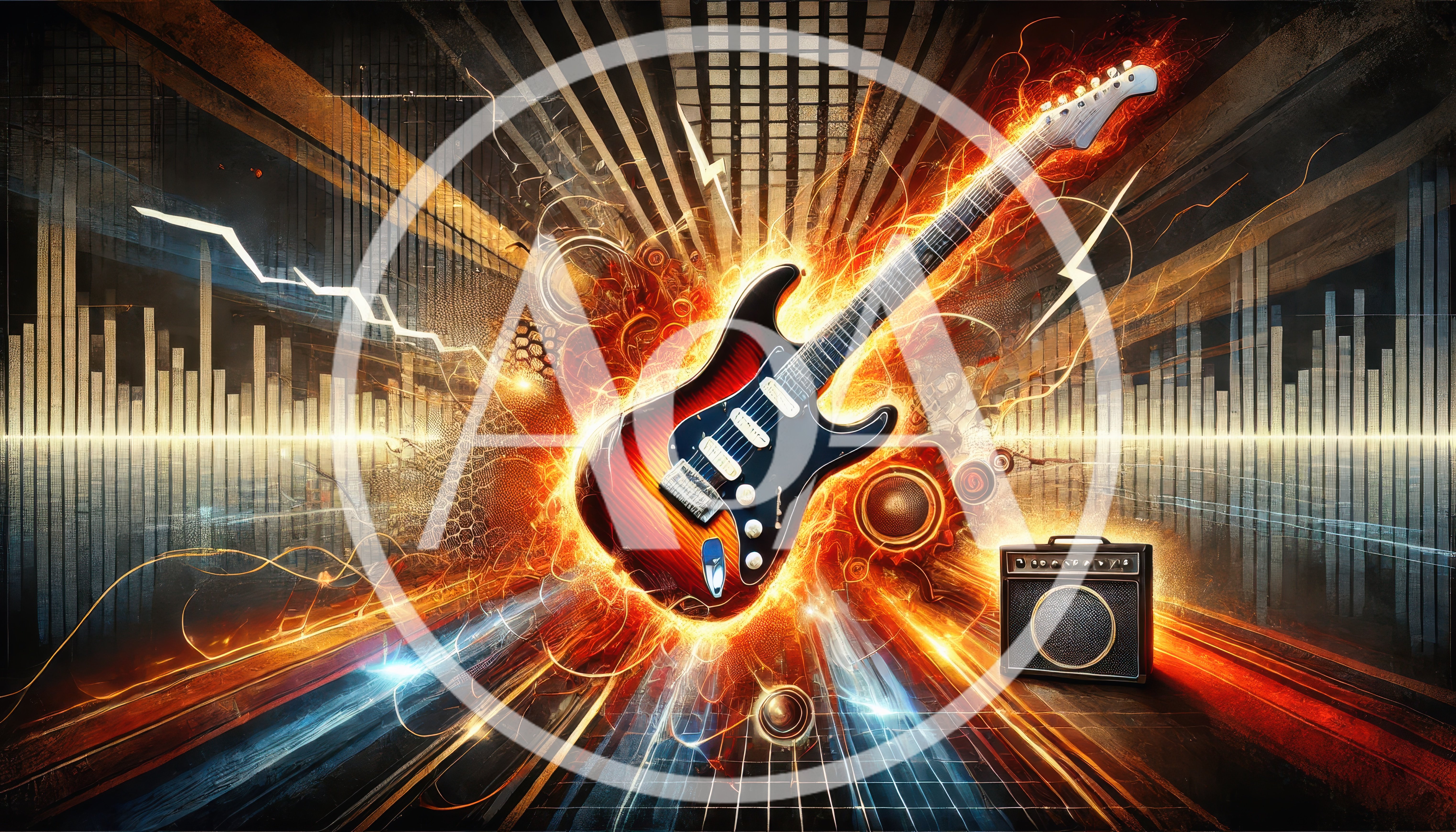 Electric Guitar Surrounded By Fiery Energy And Sound Waves