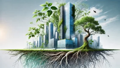 Futuristic Eco City With Skyscrapers And Tree Roots