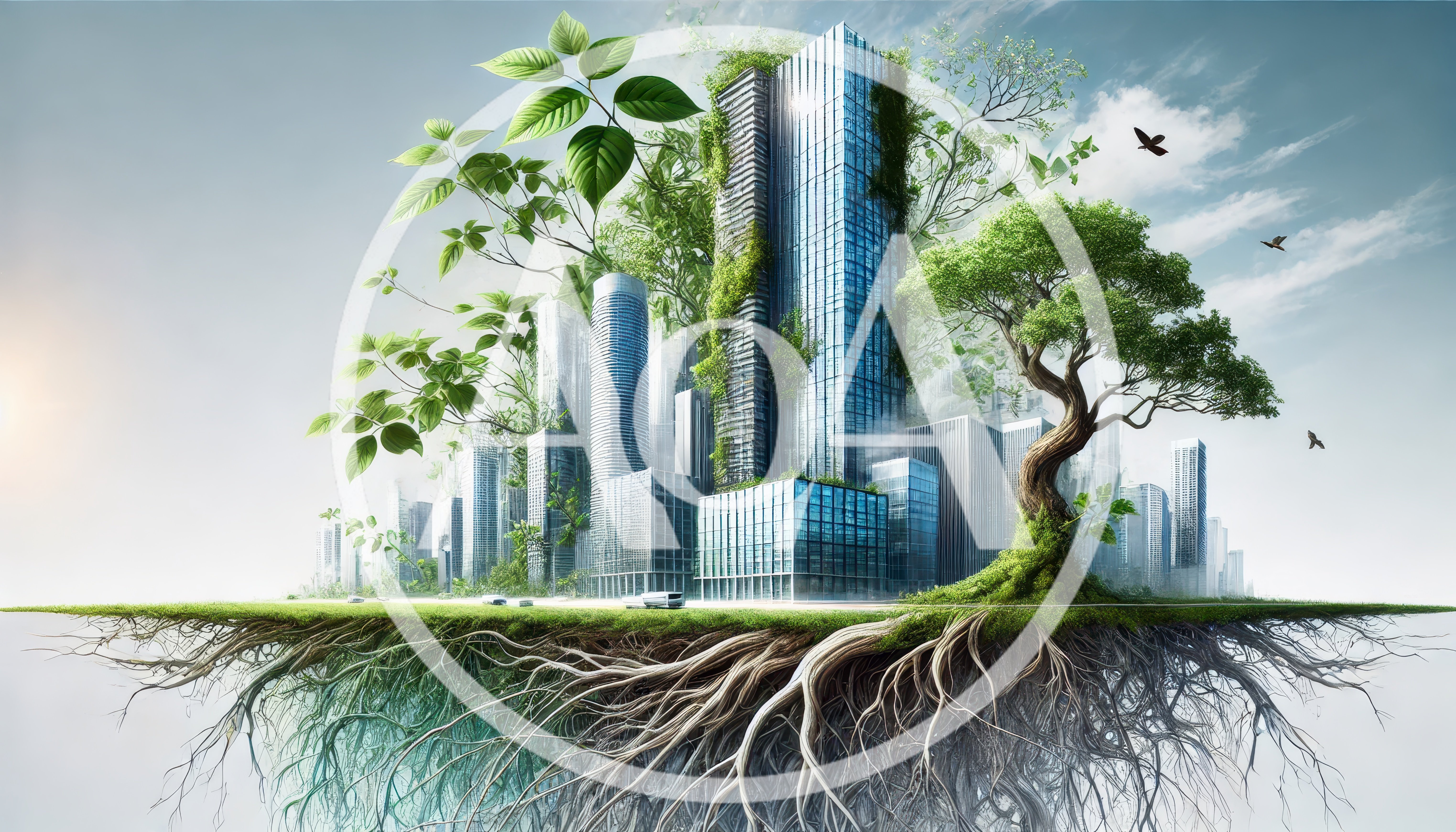 Futuristic Eco City With Skyscrapers And Tree Roots