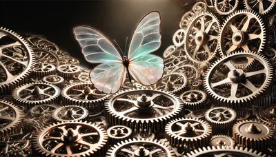 Translucent Butterfly Resting On Intricate Mechanical Clockwork Gears