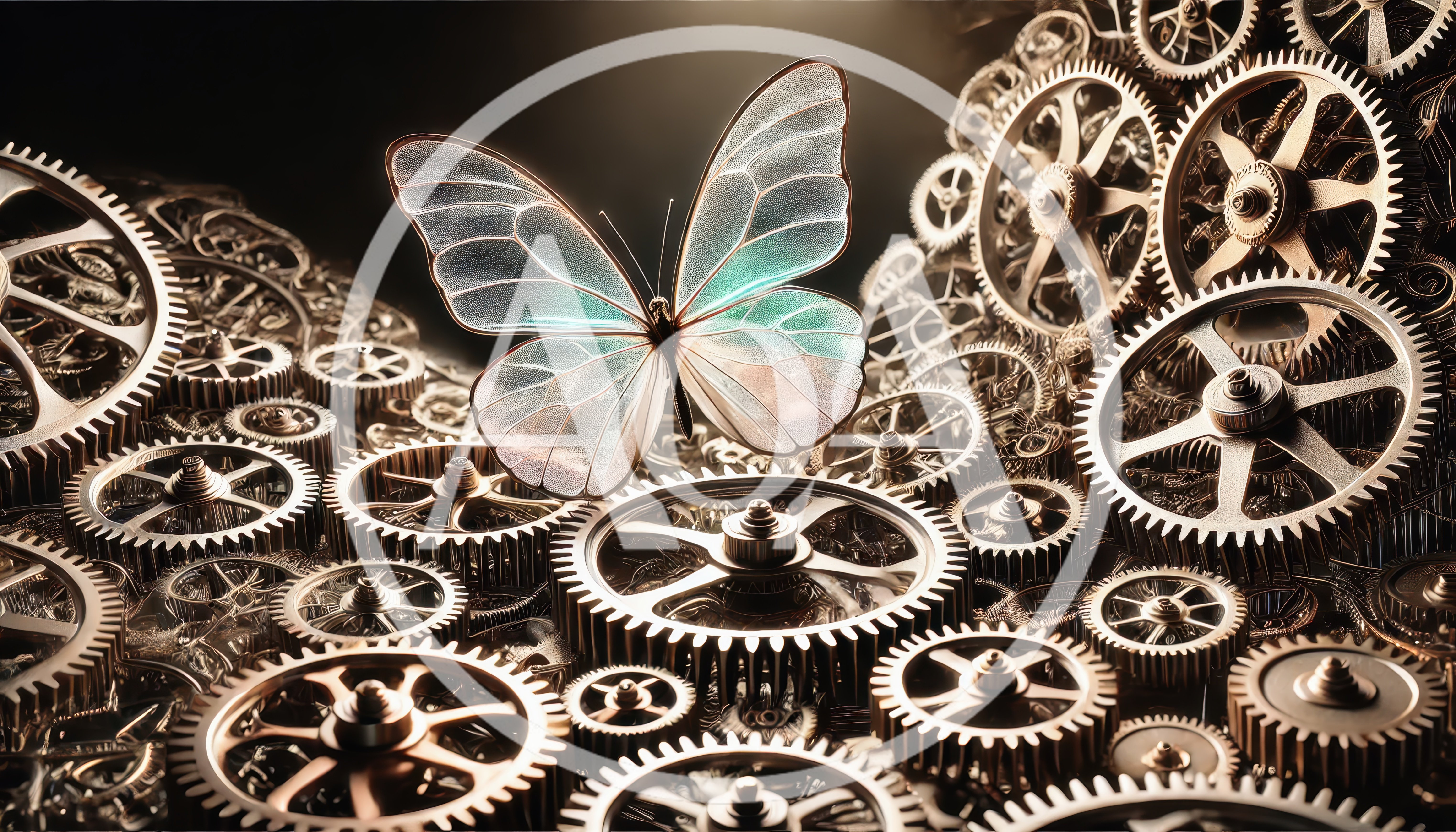 Translucent Butterfly Resting On Intricate Mechanical Clockwork Gears