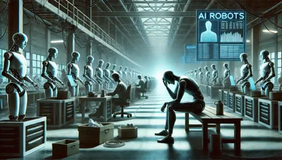 Depressed Robot Sitting Alone in Futuristic Factory