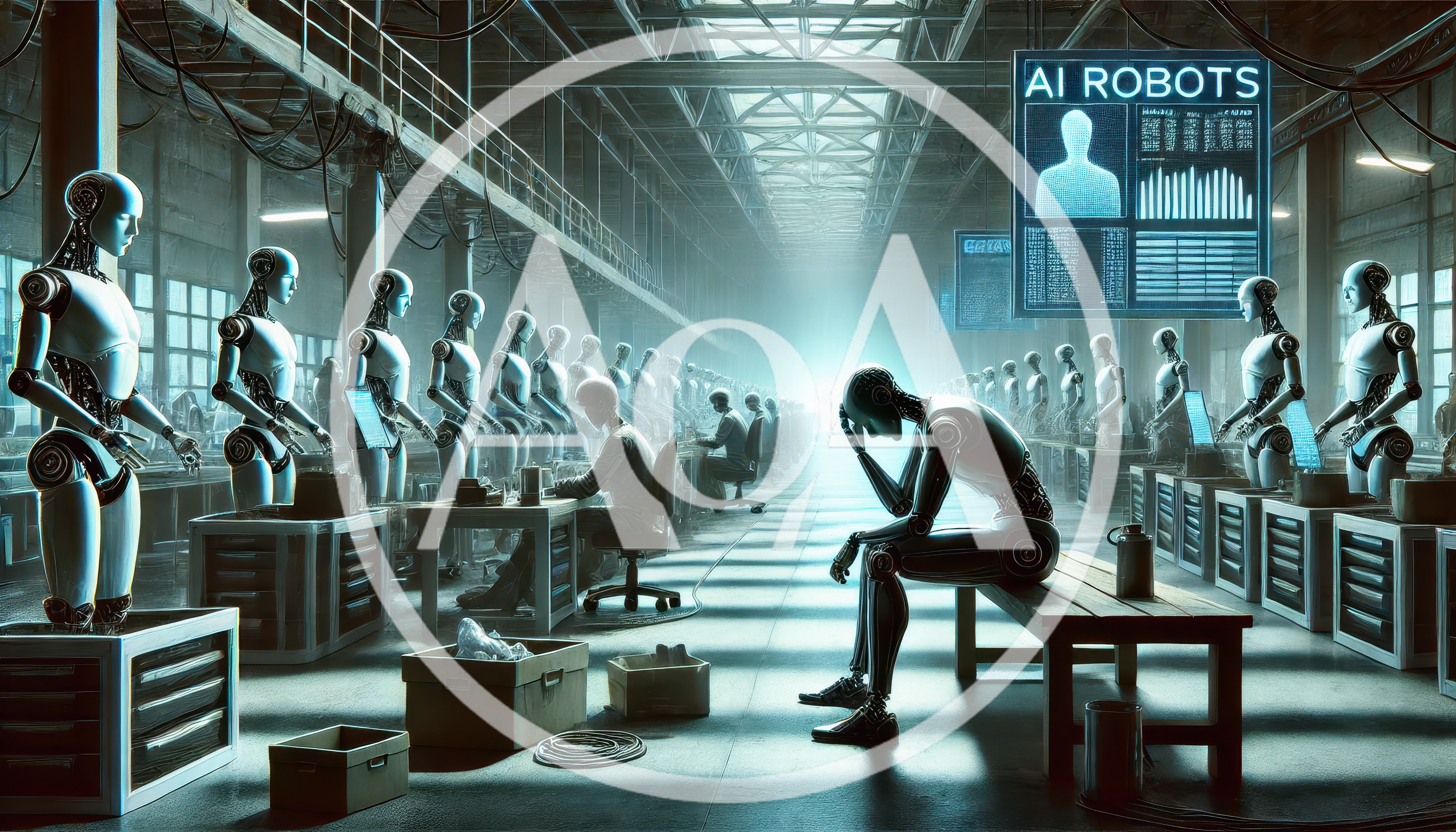 Depressed Robot Sitting Alone in Futuristic Factory