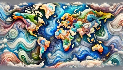 Abstract Artistic World Map With Swirling Colorful Currents