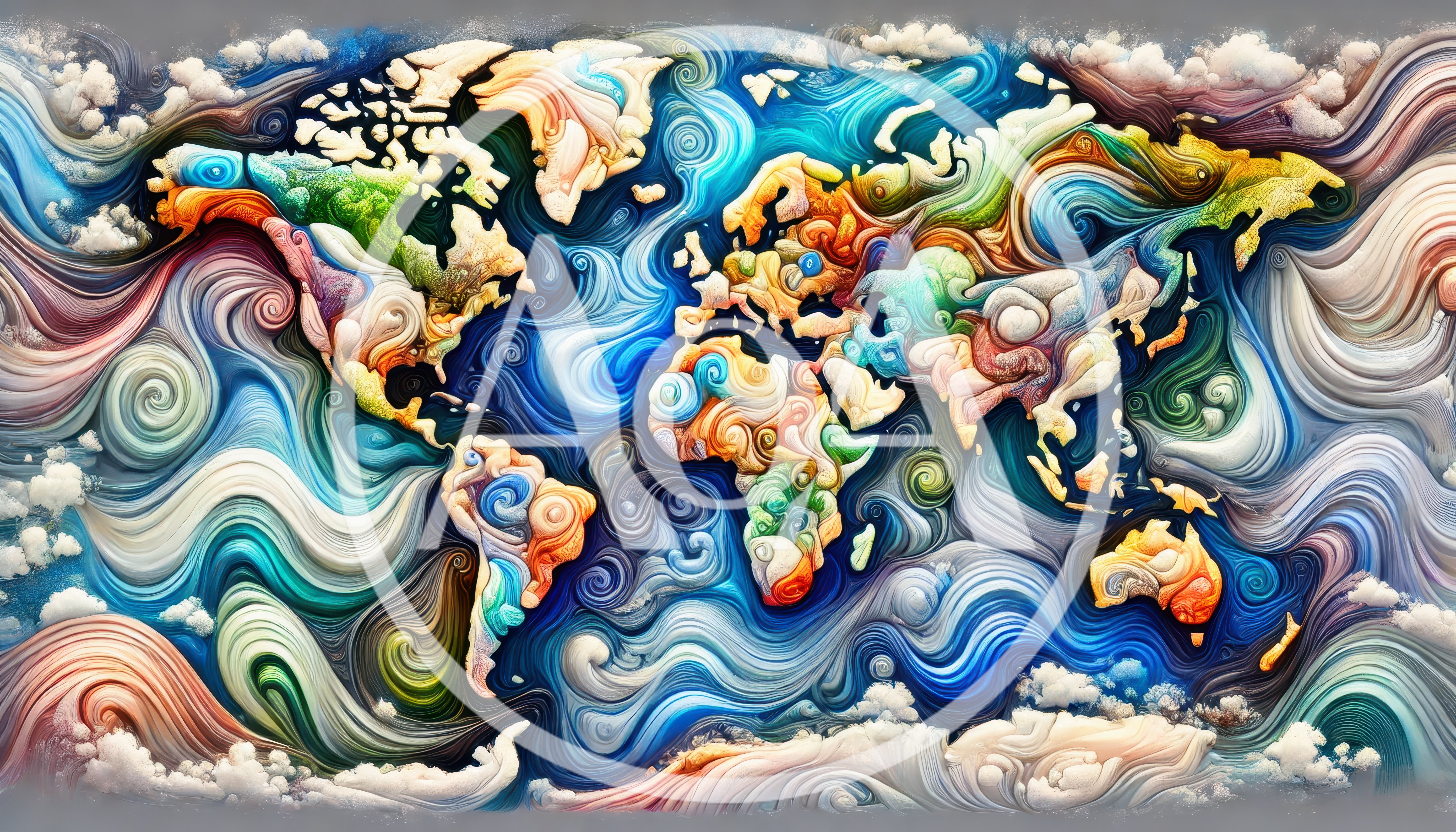 Abstract Artistic World Map With Swirling Colorful Currents