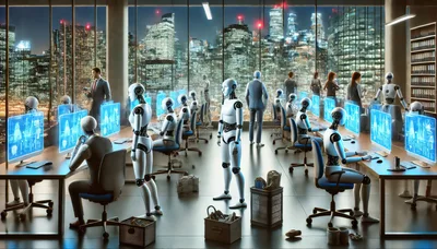 Futuristic Office With Humanoid Robots Working At Computers