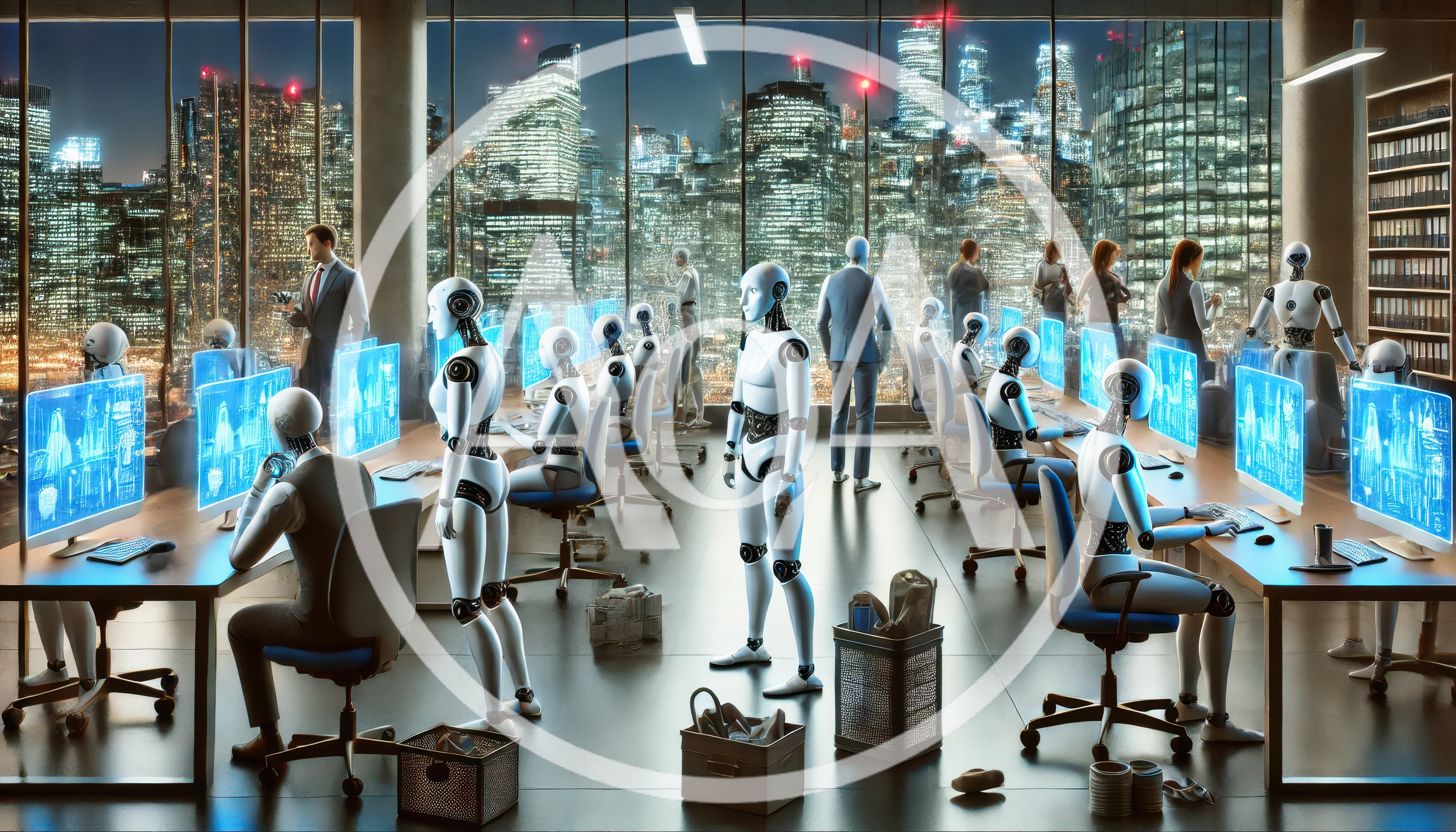 Futuristic Office With Humanoid Robots Working At Computers