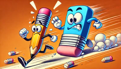 Cartoon Pencil Running Away From An Angry Eraser