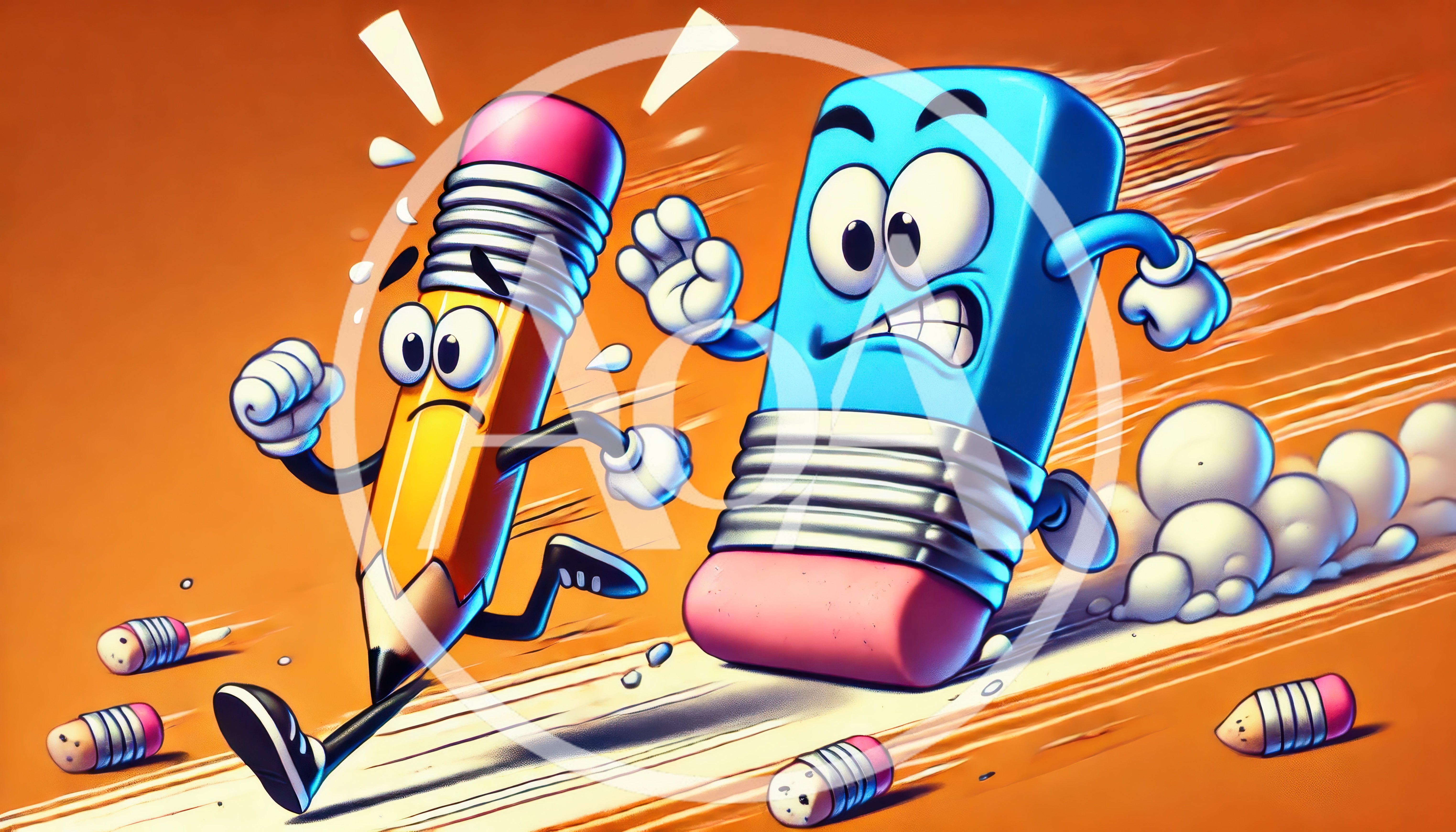 Cartoon Pencil Running Away From An Angry Eraser