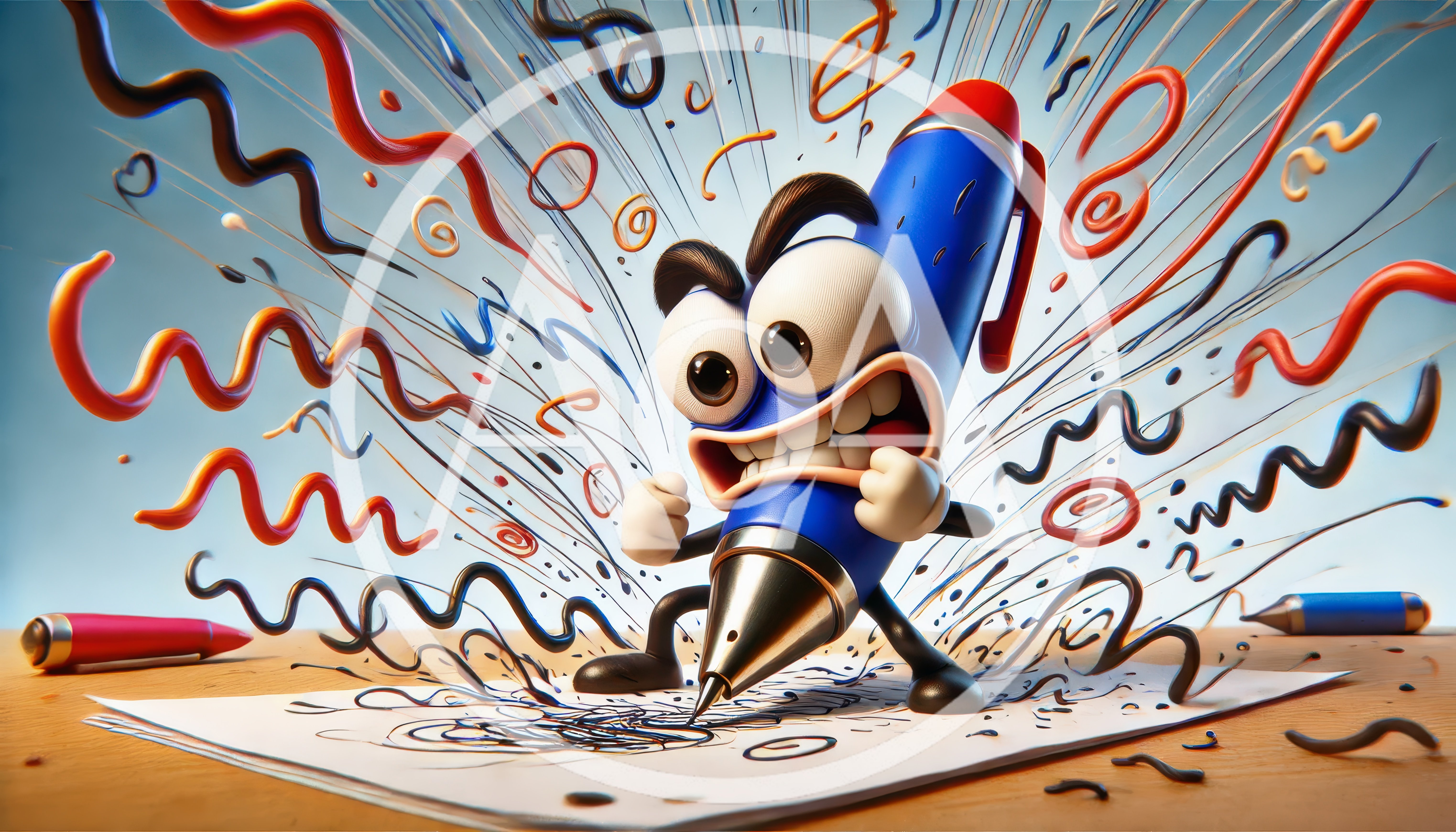 Animated Blue Pen Character Drawing Energetically