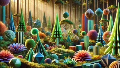 Surreal Geometric Forest Landscape With Abstract Sculptural Trees