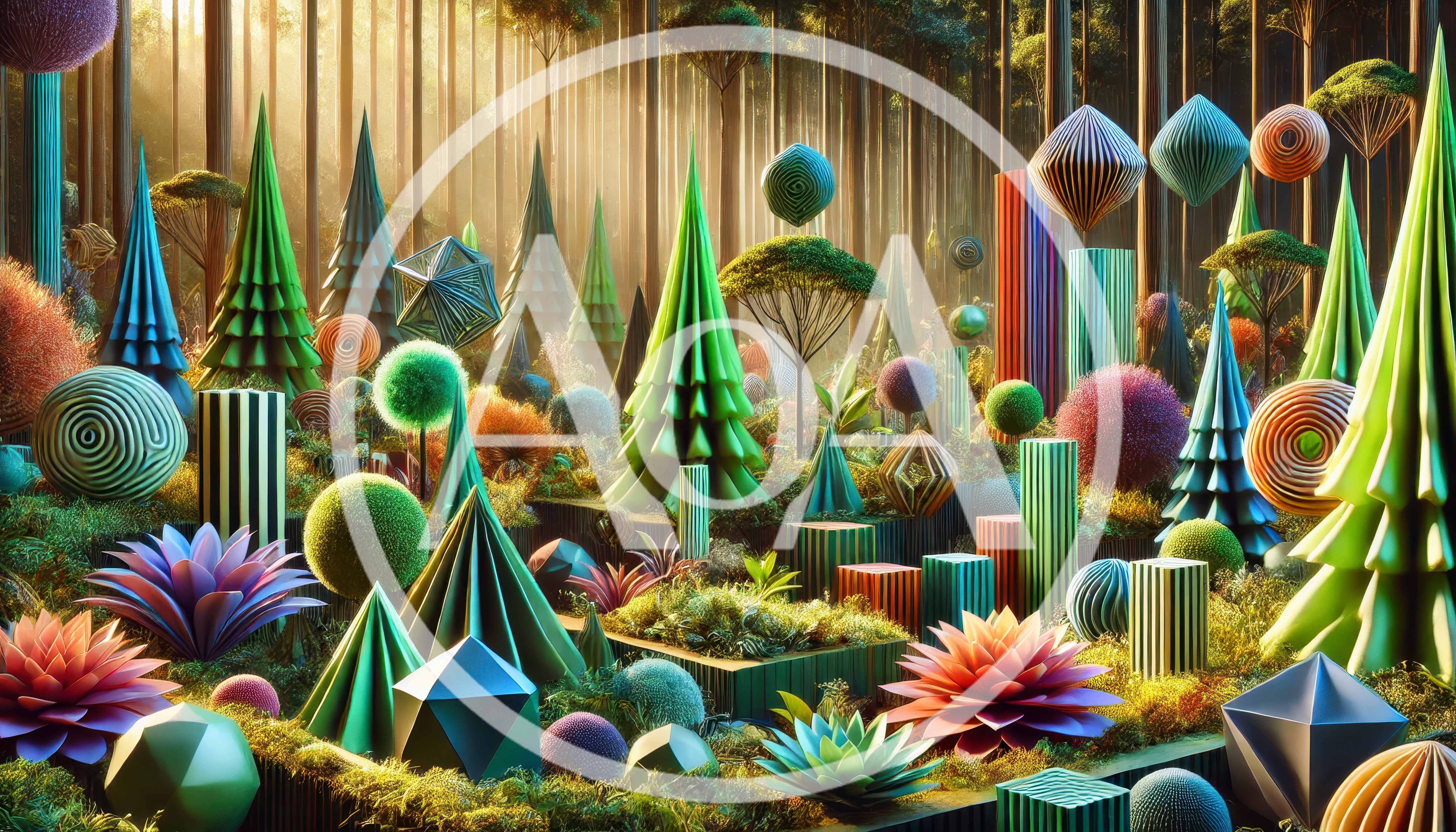 Surreal Geometric Forest Landscape With Abstract Sculptural Trees