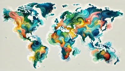 Abstract Artistic World Map With Swirling Colorful Paint