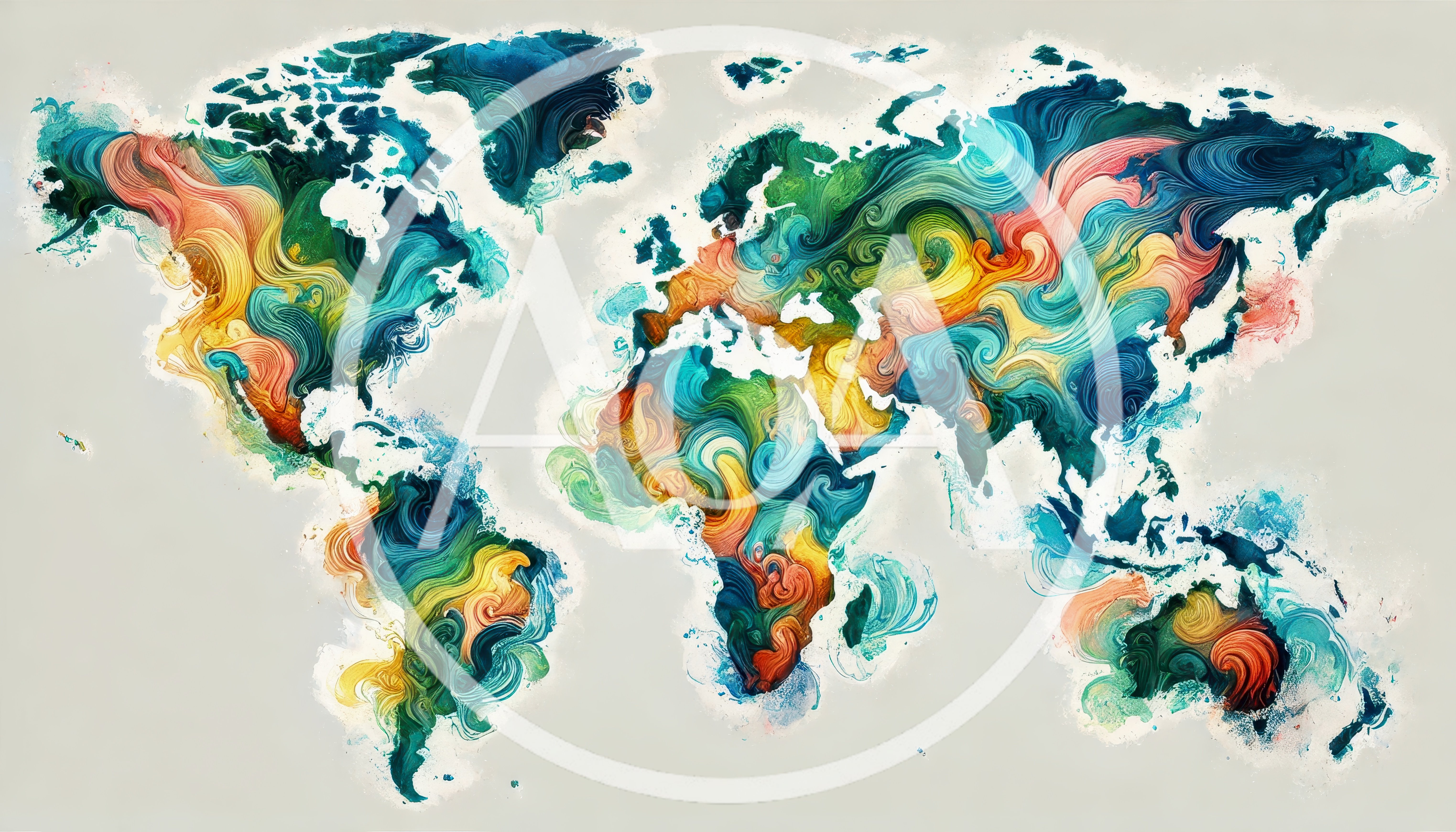 Abstract Artistic World Map With Swirling Colorful Paint