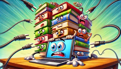 Anthropomorphic Laptop And Books Under Stress