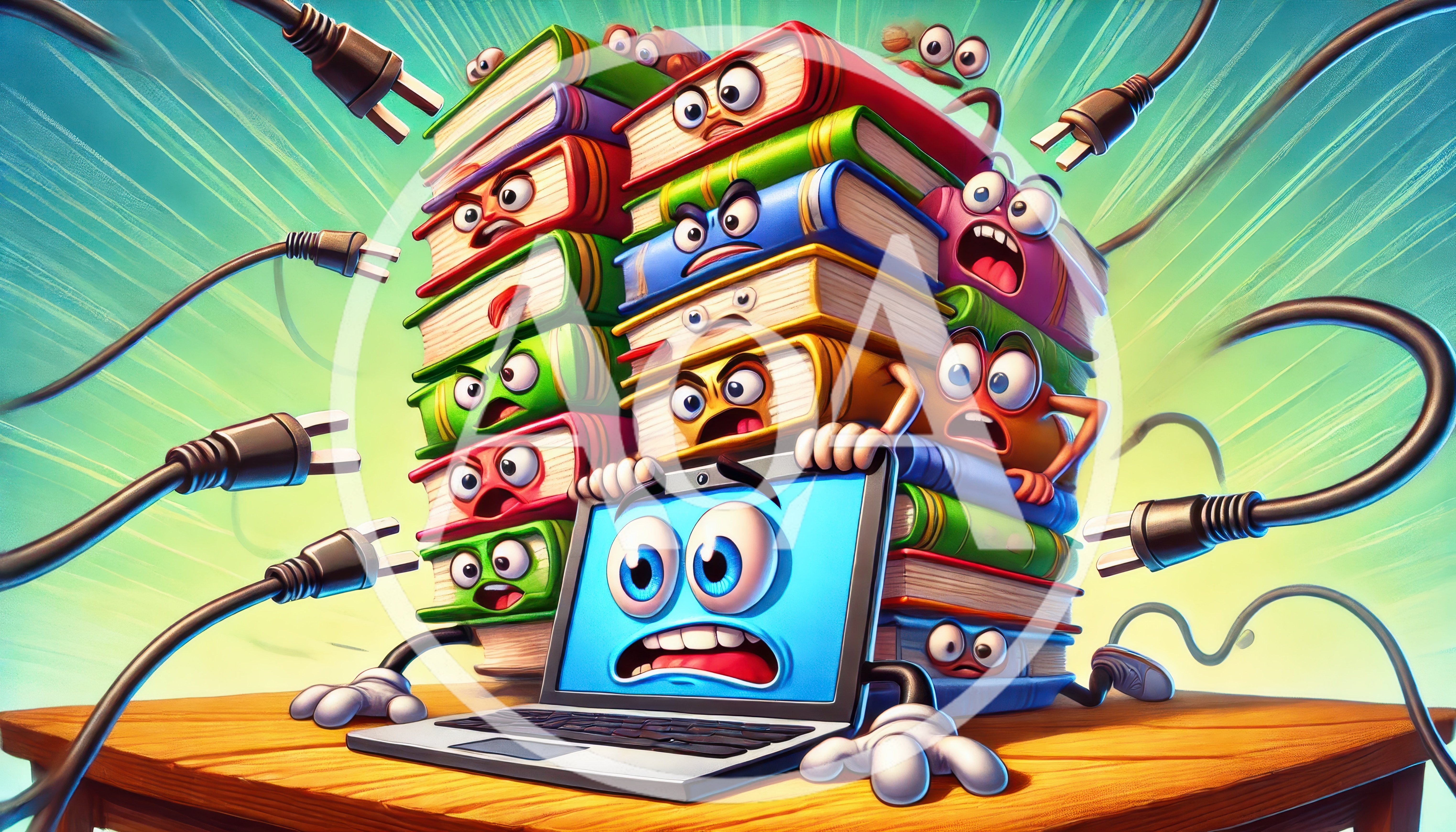 Anthropomorphic Laptop And Books Under Stress