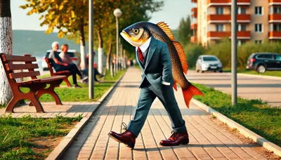 Anthropomorphic Fish Man Walking In A Business Suit