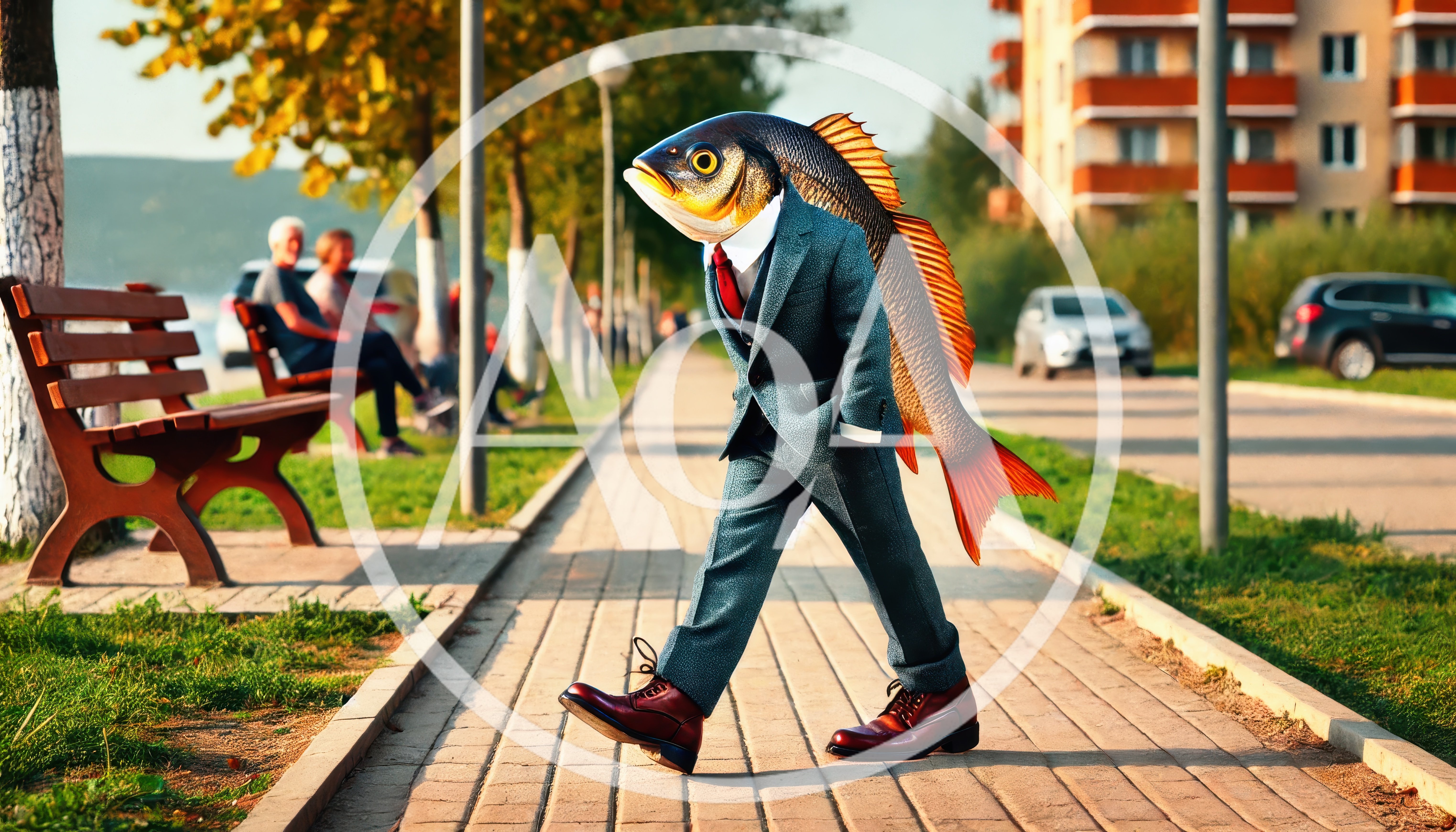 Anthropomorphic Fish Man Walking In A Business Suit