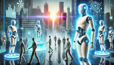 Futuristic Cityscape With Humanoid Robots And People