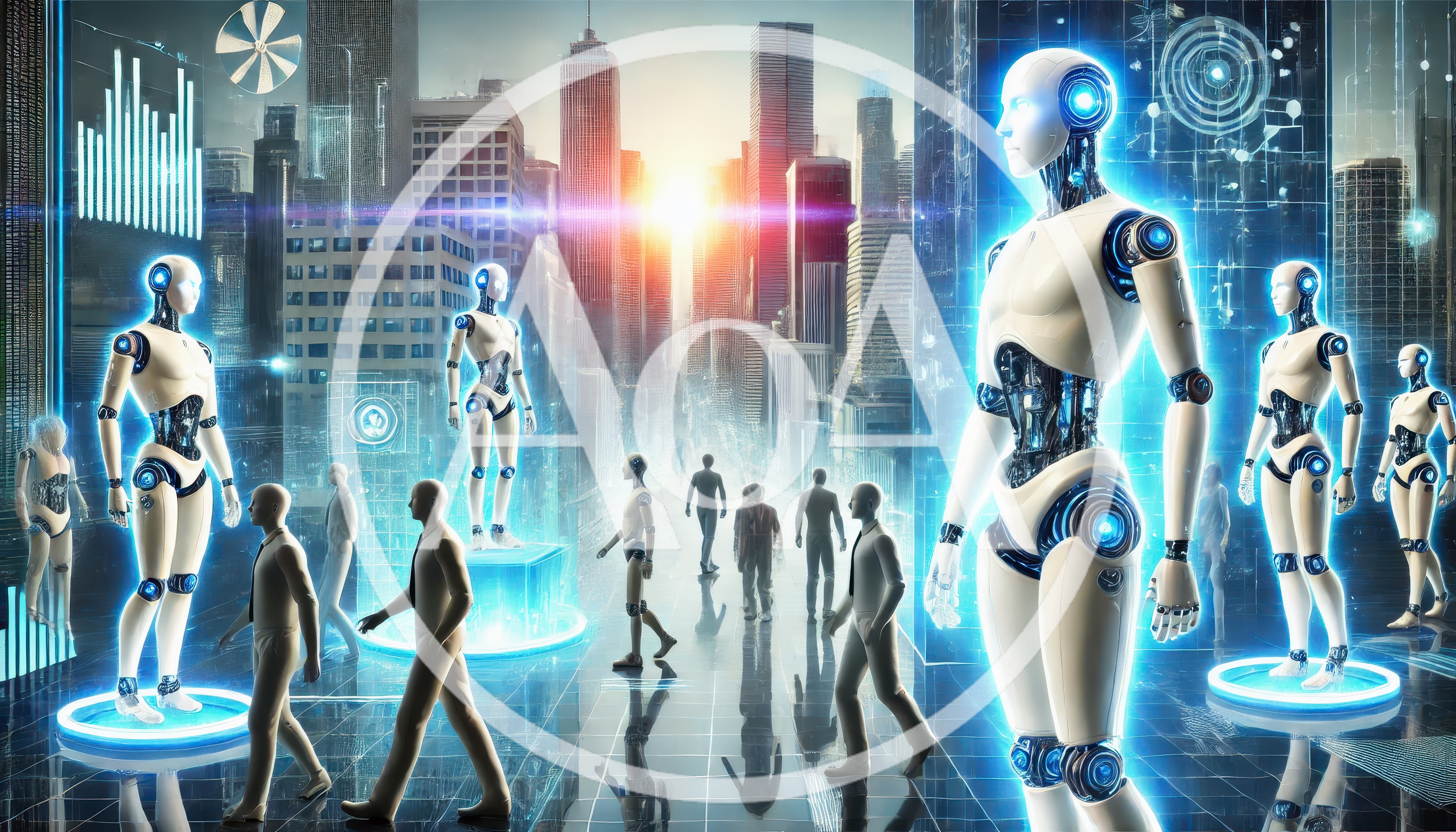 Futuristic Cityscape With Humanoid Robots And People