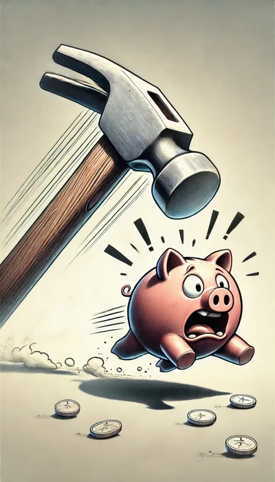 Hammer About To Strike A Frightened Piggy Bank