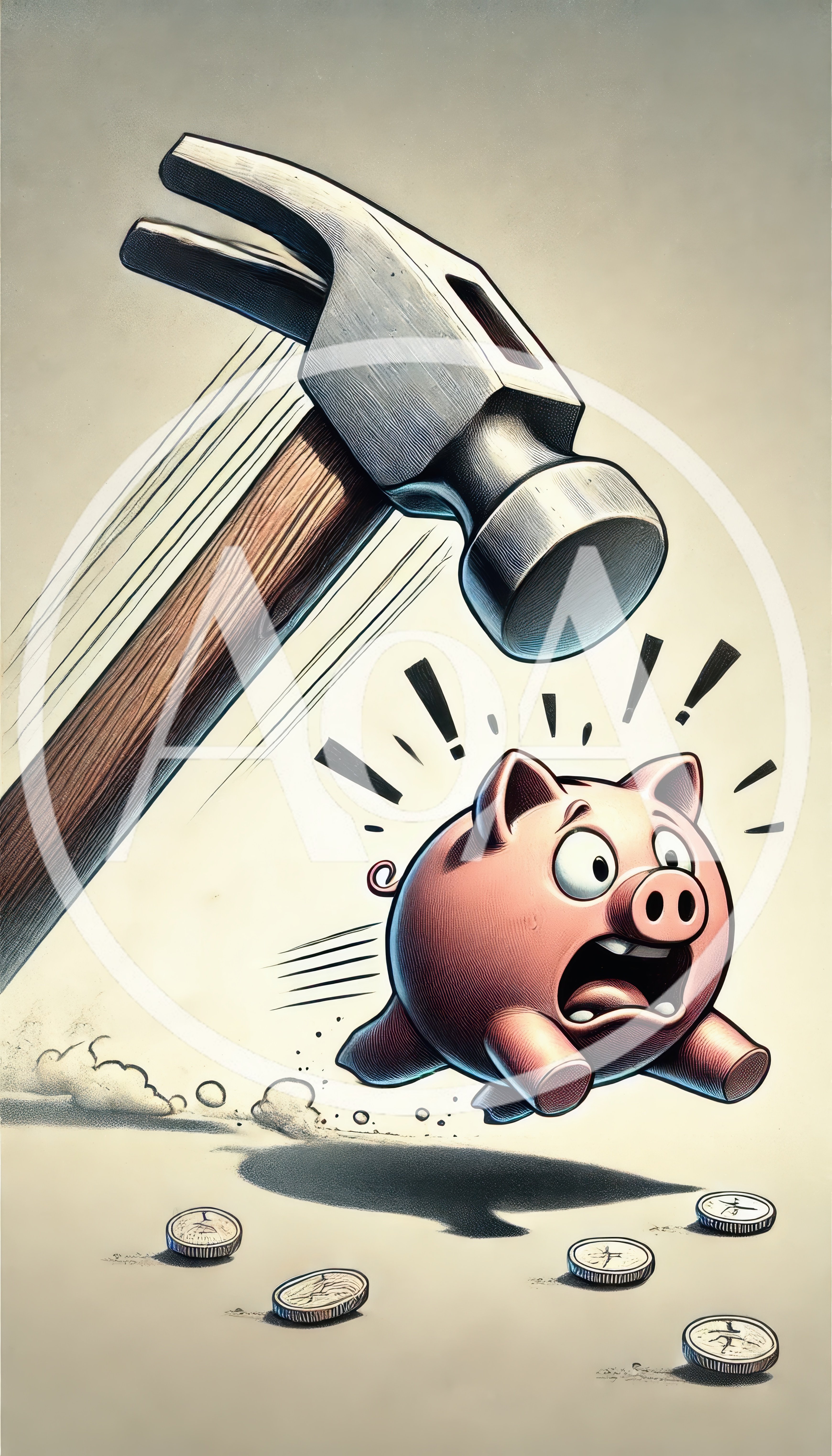 Hammer About To Strike A Frightened Piggy Bank