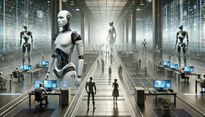 Futuristic Robotic Facility With Humanoid Androids And Computers
