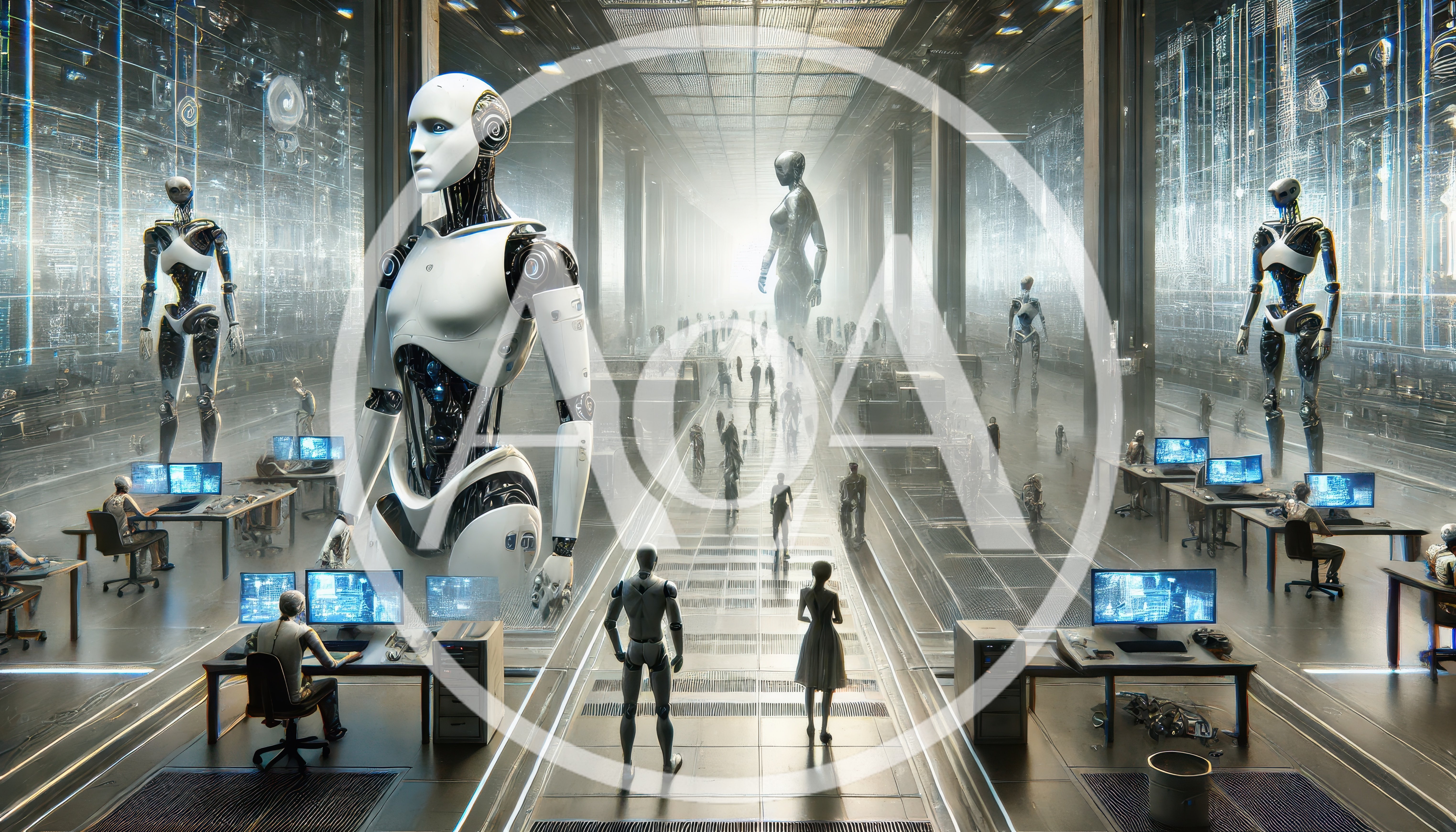 Futuristic Robotic Facility With Humanoid Androids And Computers