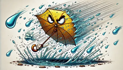 Angry Cartoon Umbrella Fighting Through Heavy Rainstorm