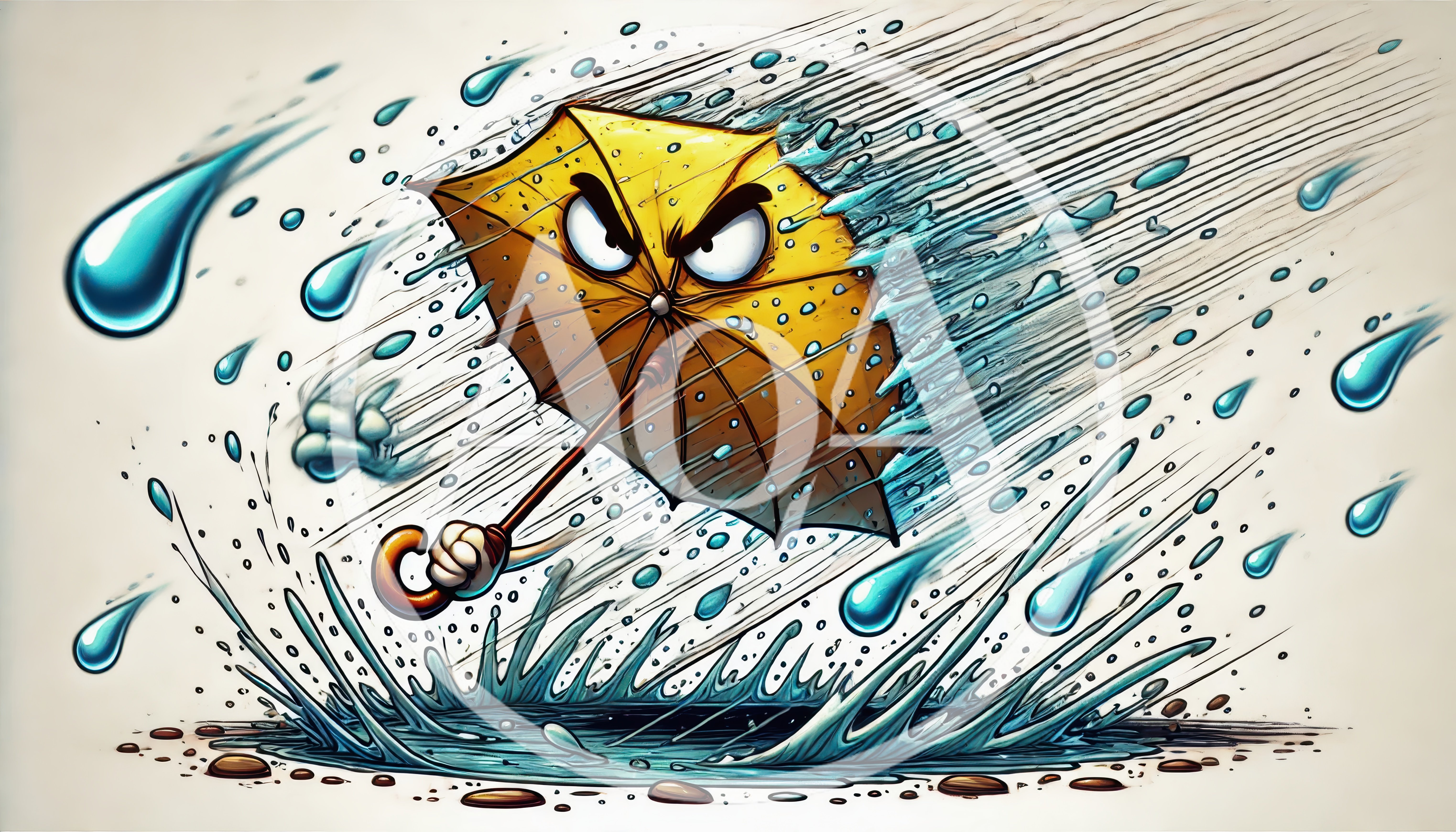 Angry Cartoon Umbrella Fighting Through Heavy Rainstorm