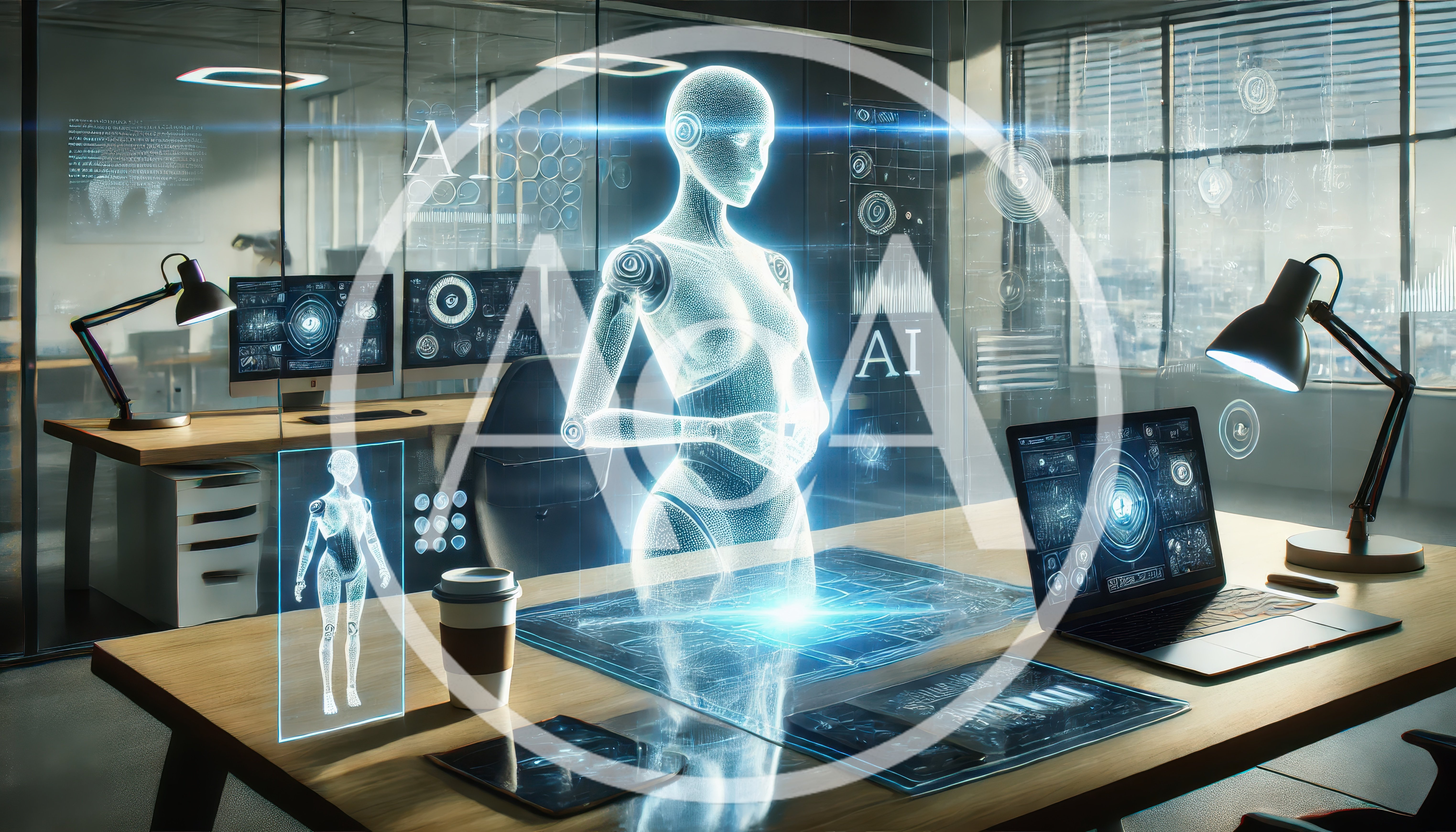 Holographic AI Robot Interface in Modern Office
