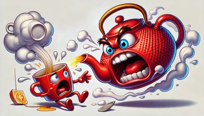 Angry Red Teapot Pouring Hot Tea Into Scared Cup