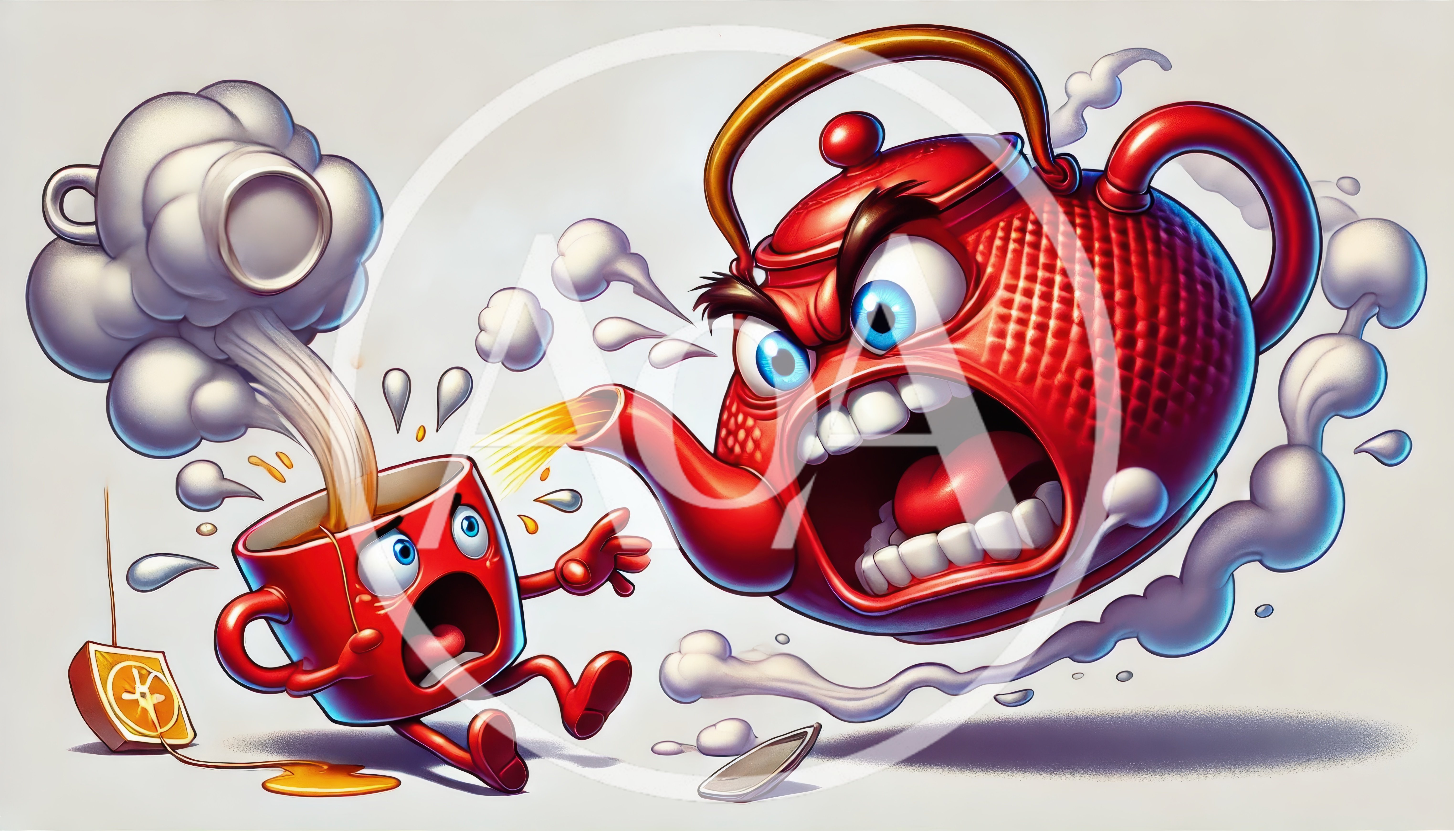 Angry Red Teapot Pouring Hot Tea Into Scared Cup