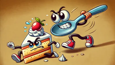 Cartoon Spoon Chasing A Slice Of Cake