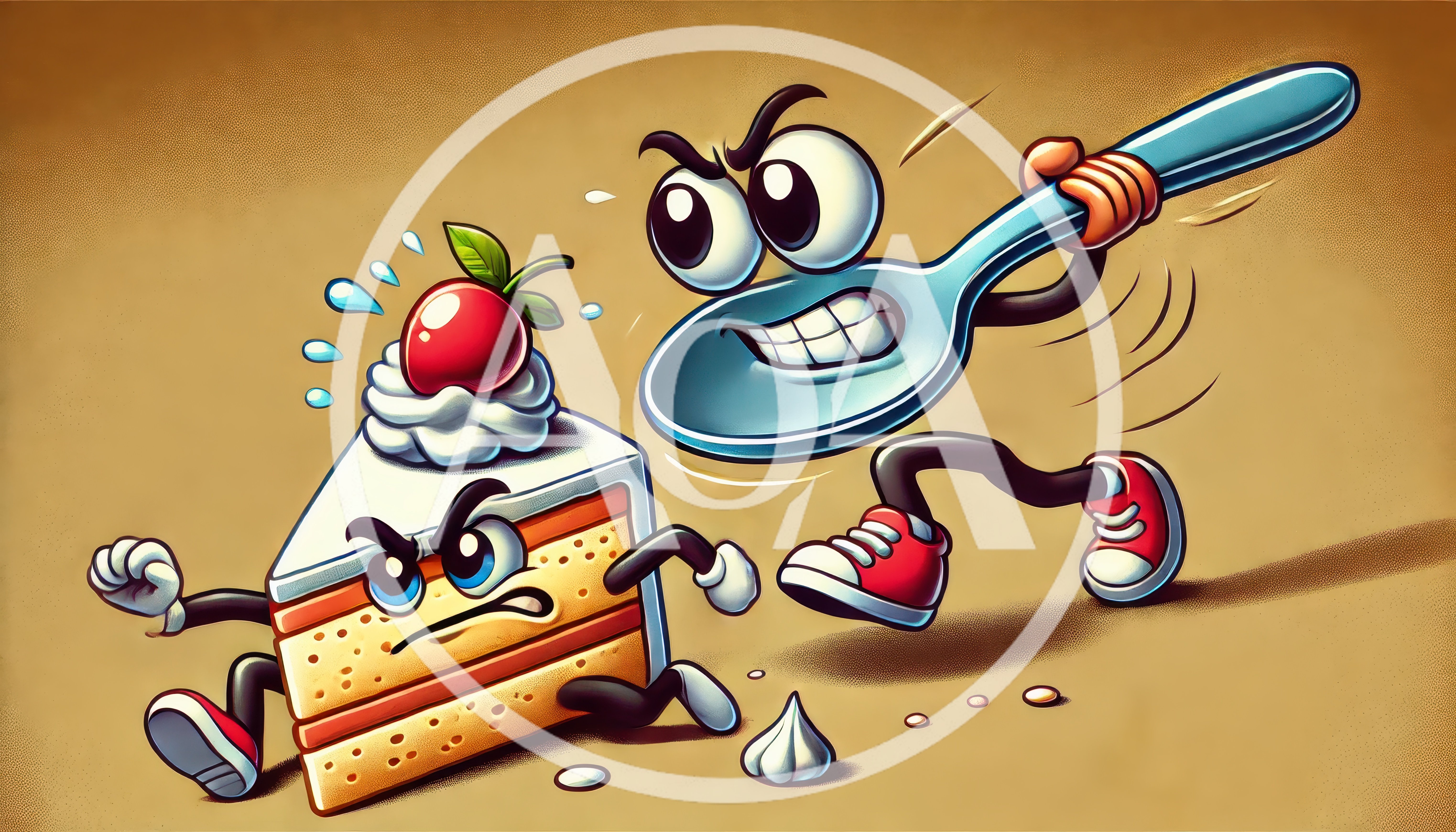 Cartoon Spoon Chasing A Slice Of Cake