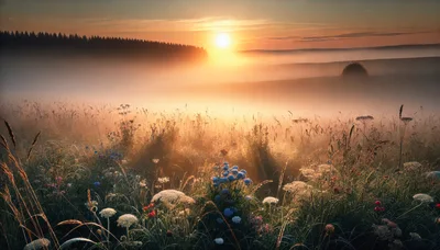 Golden Sunrise Over A Misty Wildflower Meadow