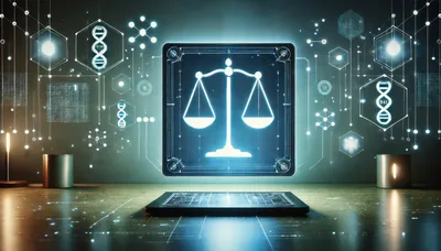 Digital Scales Of Justice With DNA And Network Graphics