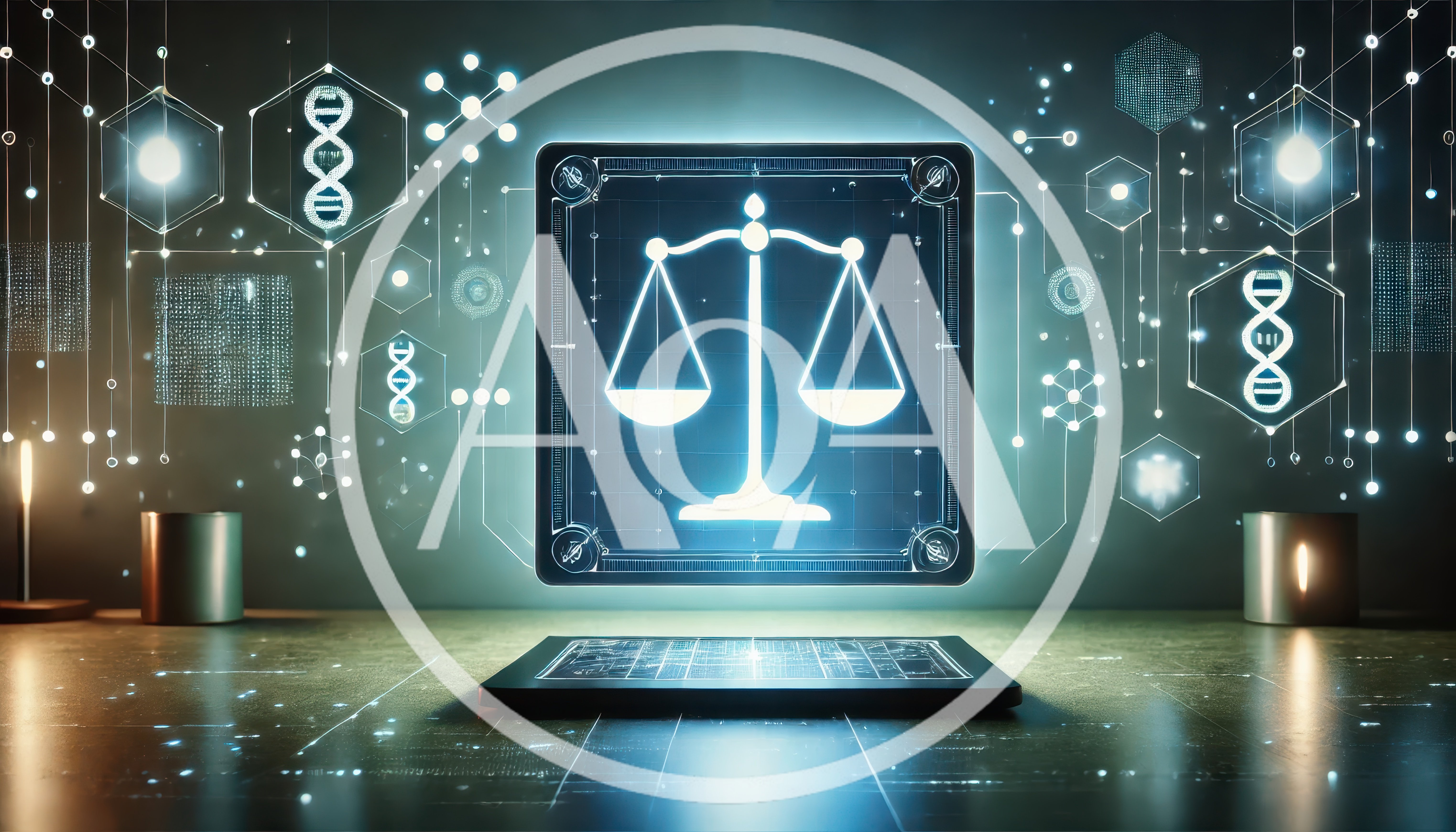 Digital Scales Of Justice With DNA And Network Graphics