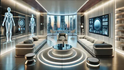 Futuristic Luxury Living Room With Holographic Medical Displays